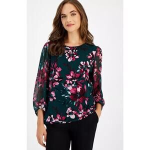 Kasper Floral Print Blouse Evergreen Multi NWT 2X